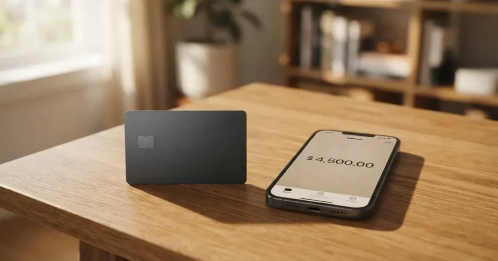 A payment card next to a phone with a crypto wallet app open