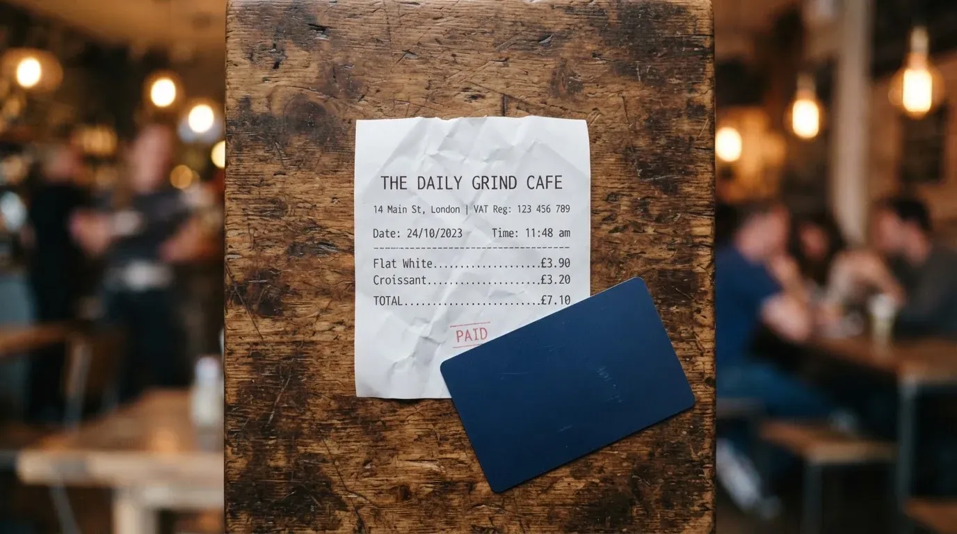 A receipt and a card on a café table