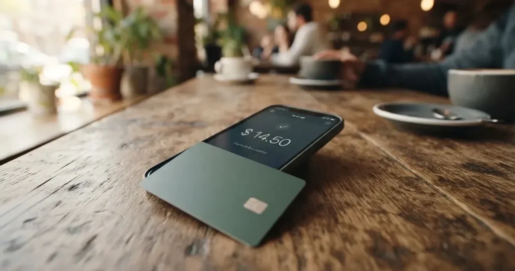 A payment card next to a phone with a crypto wallet app open