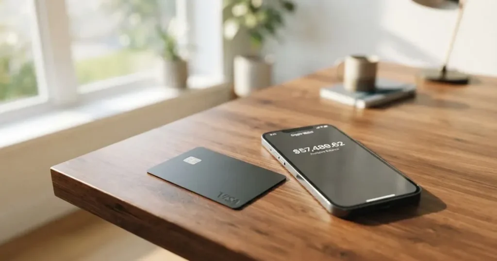 A payment card next to a phone with a crypto wallet app open