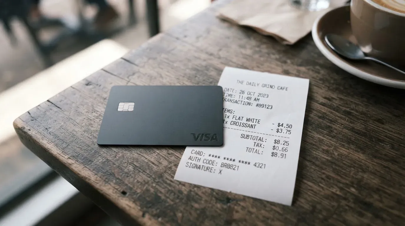 A receipt and a card on a café table