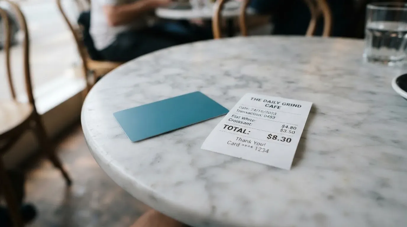 A receipt and a card on a café table