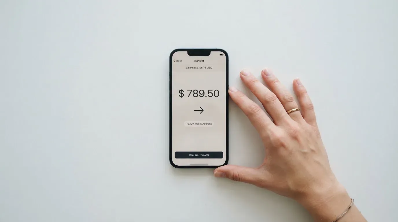 A phone showing a stablecoin transfer screen