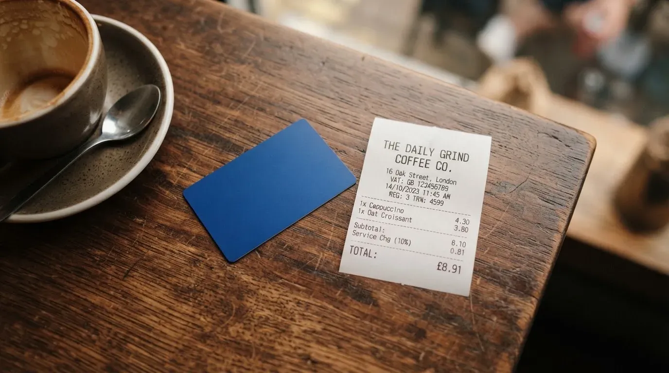 A receipt and a card on a café table