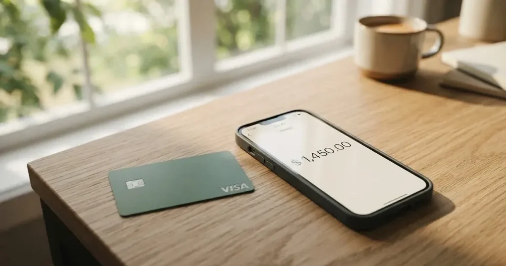 A payment card next to a phone with a crypto wallet app open