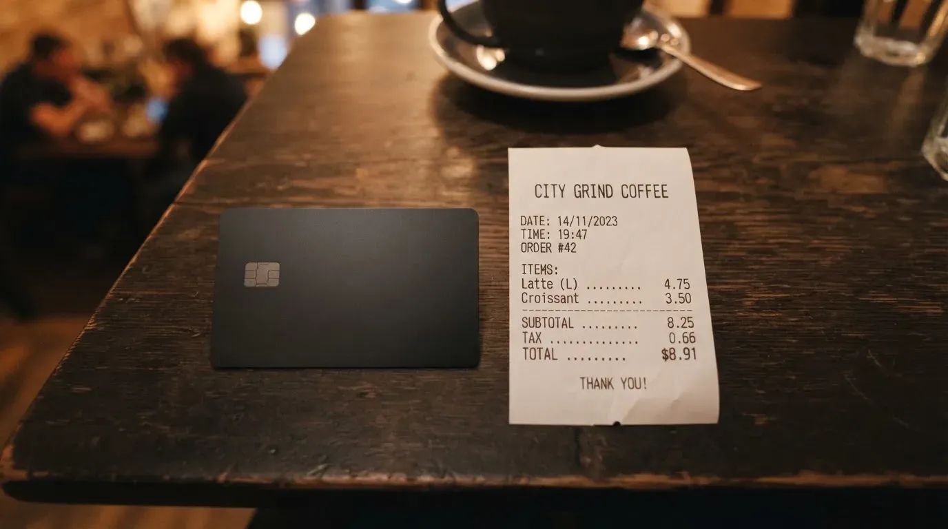 A receipt and a card on a café table
