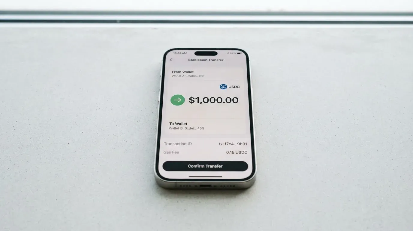 A phone showing a stablecoin transfer screen