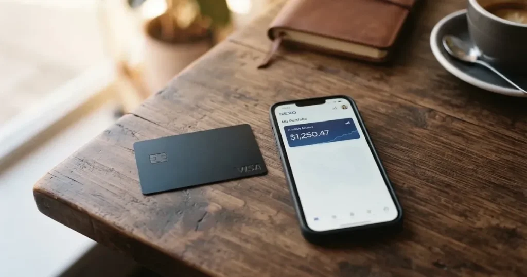 A payment card next to a phone with a crypto wallet app open