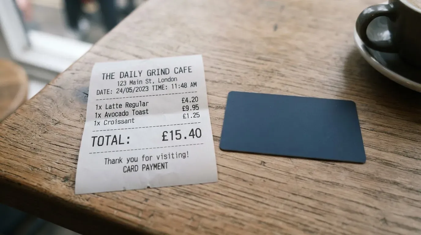 A receipt and a card on a café table