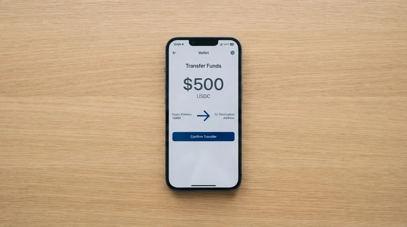 A phone showing a stablecoin transfer screen