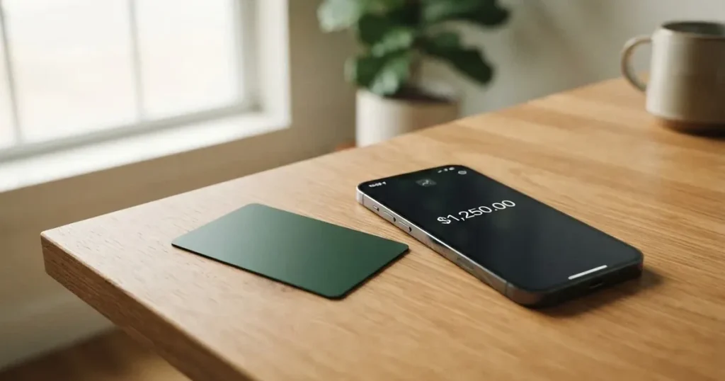 A payment card next to a phone with a crypto wallet app open