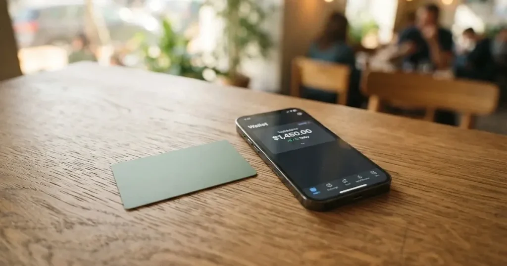 A payment card next to a phone with a crypto wallet app open
