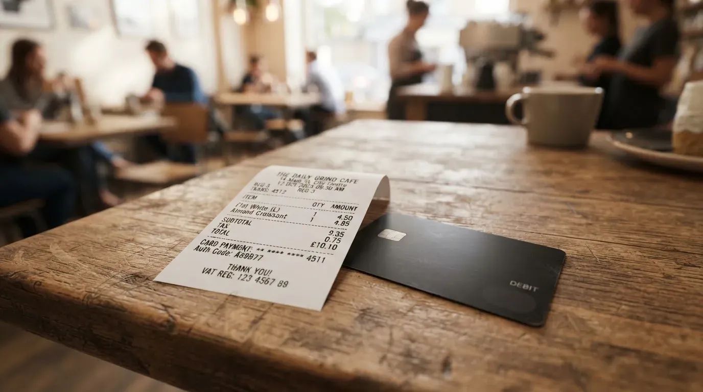 A receipt and a card on a café table