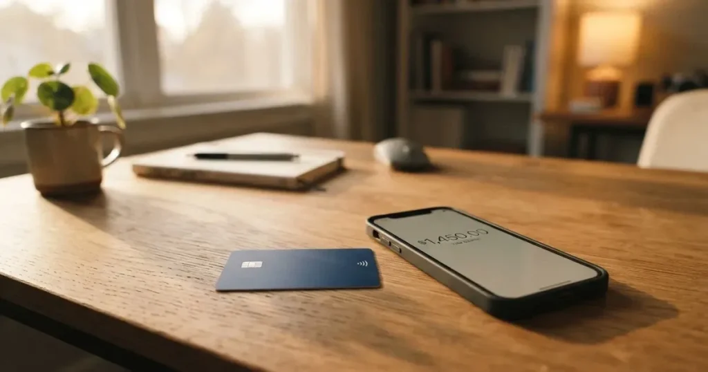 A payment card next to a phone with a crypto wallet app open