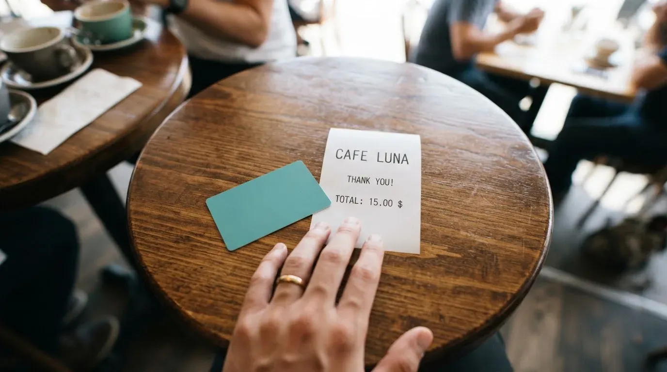 A receipt and a card on a café table
