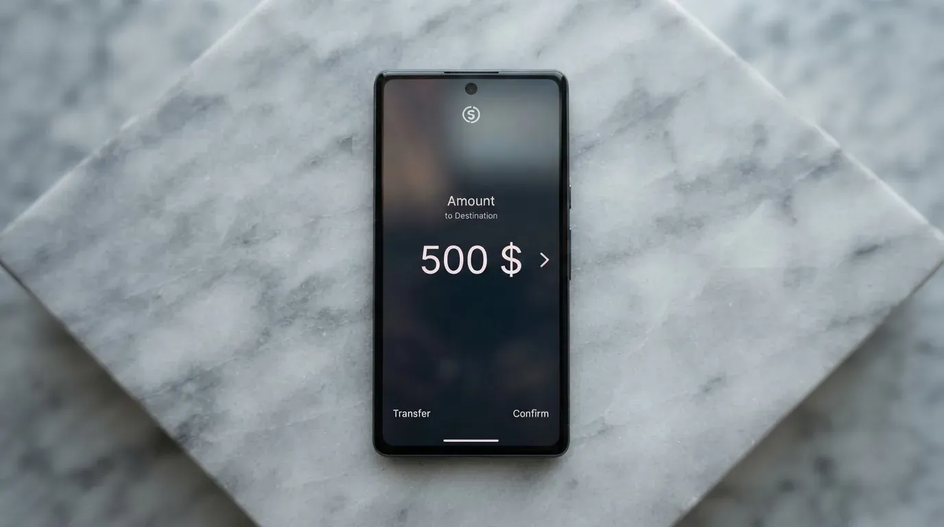 A phone showing a stablecoin transfer screen