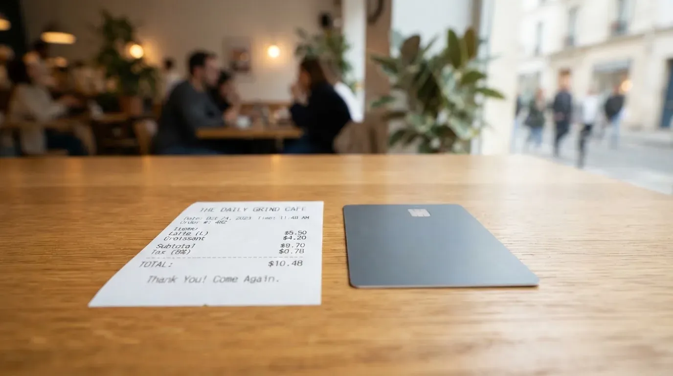 A receipt and a card on a café table