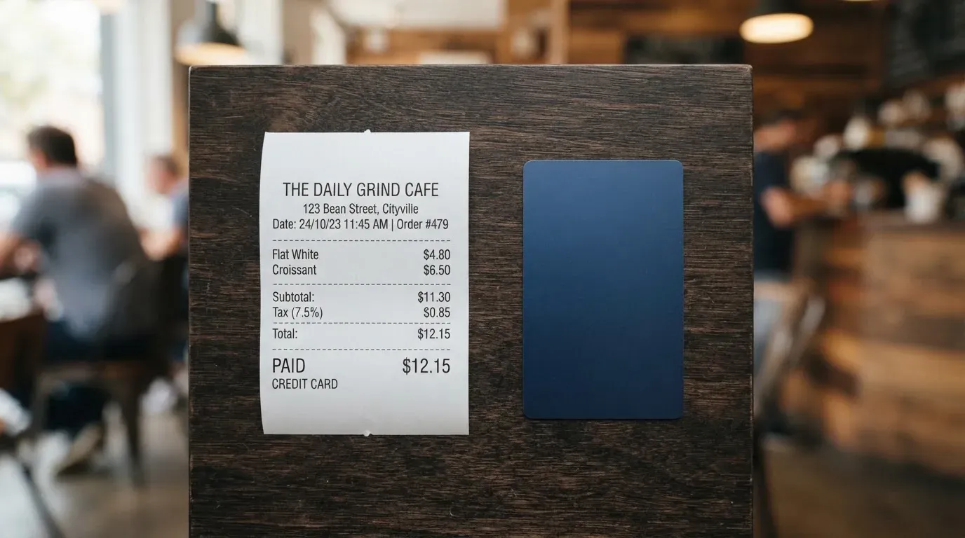 A receipt and a card on a café table