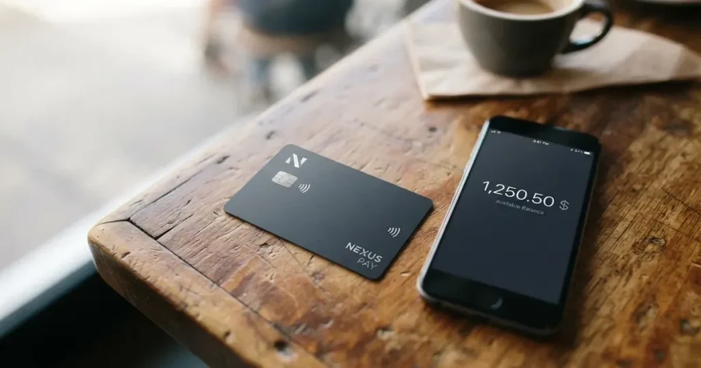 A payment card next to a phone with a crypto wallet app open