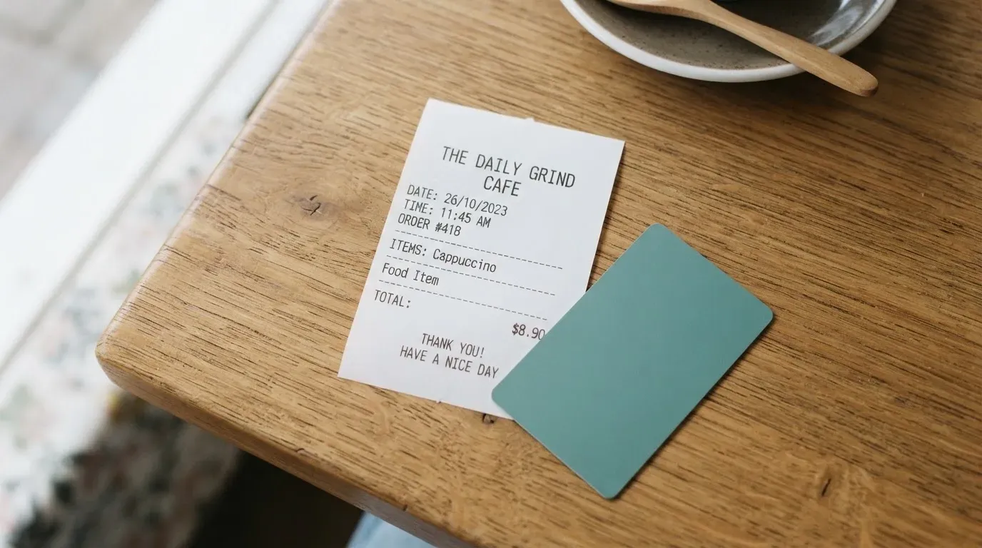 A receipt and a card on a café table