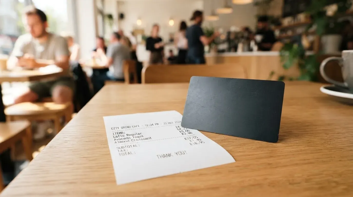 A receipt and a card on a café table