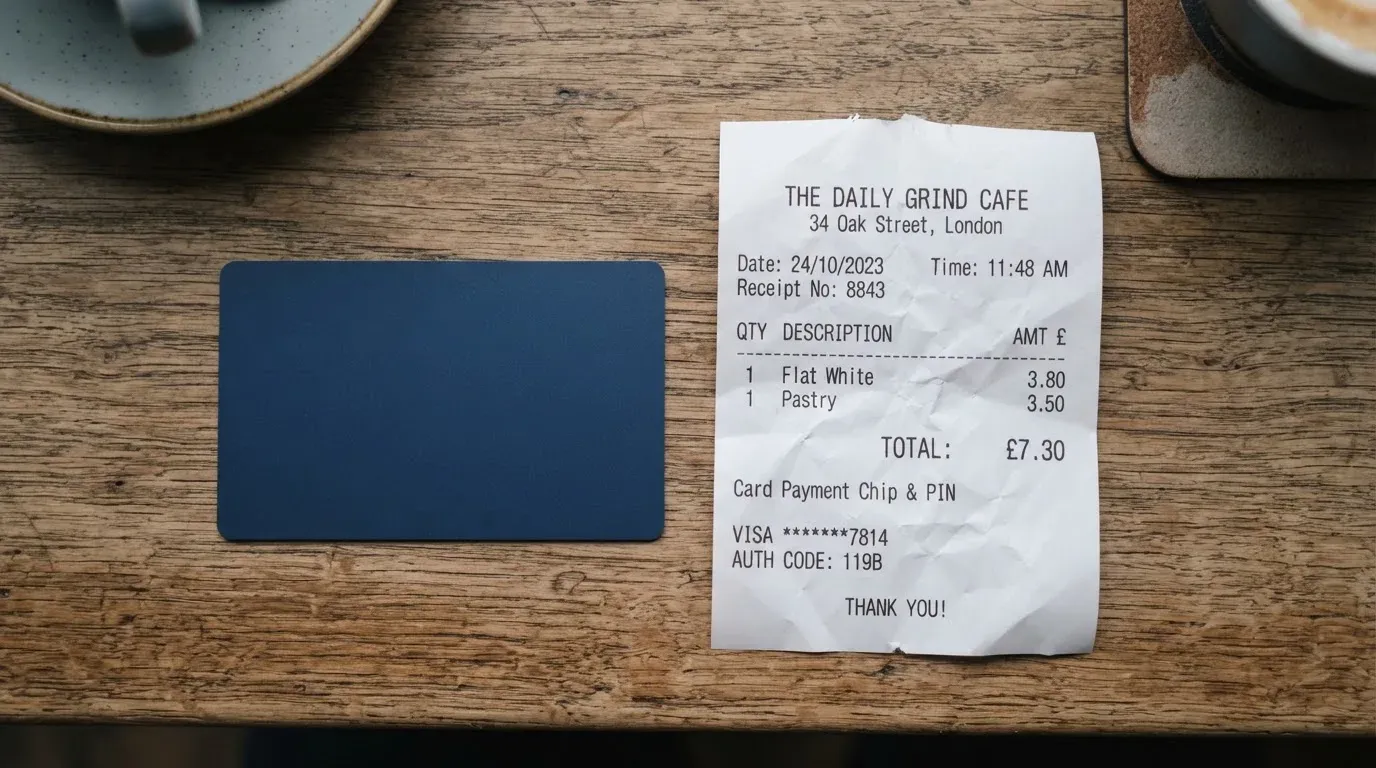 A receipt and a card on a café table