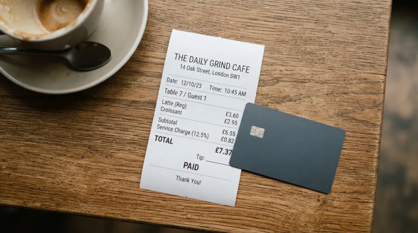 A receipt and a card on a café table