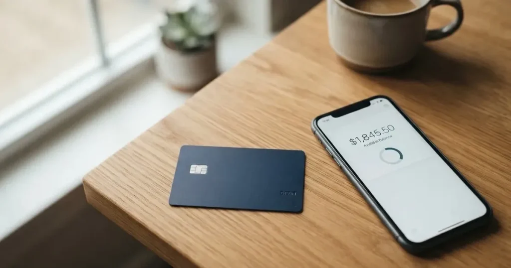 A payment card next to a phone with a crypto wallet app open