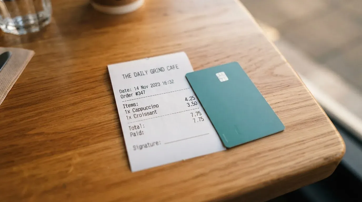 A receipt and a card on a café table