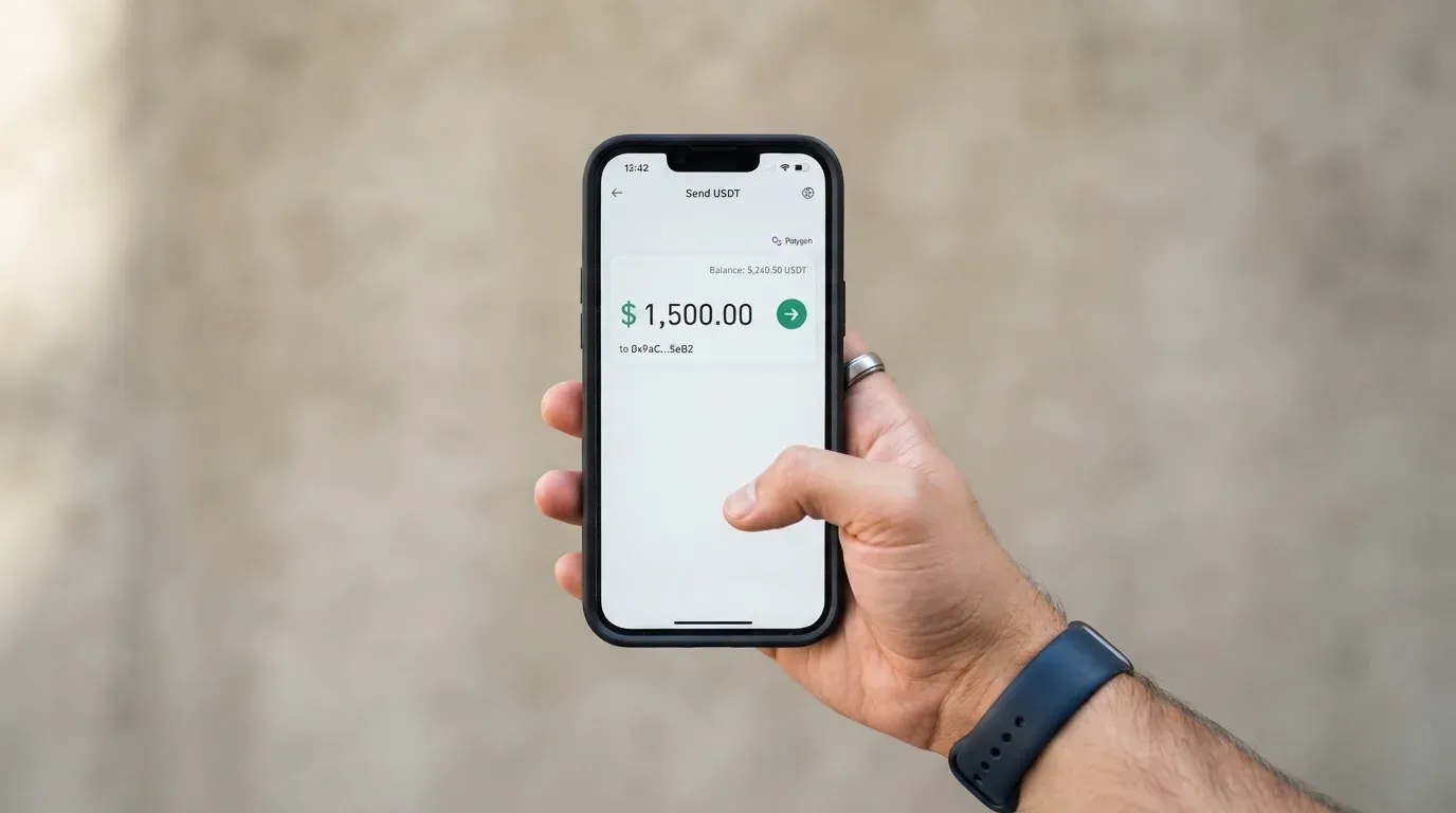 A phone showing a stablecoin transfer screen