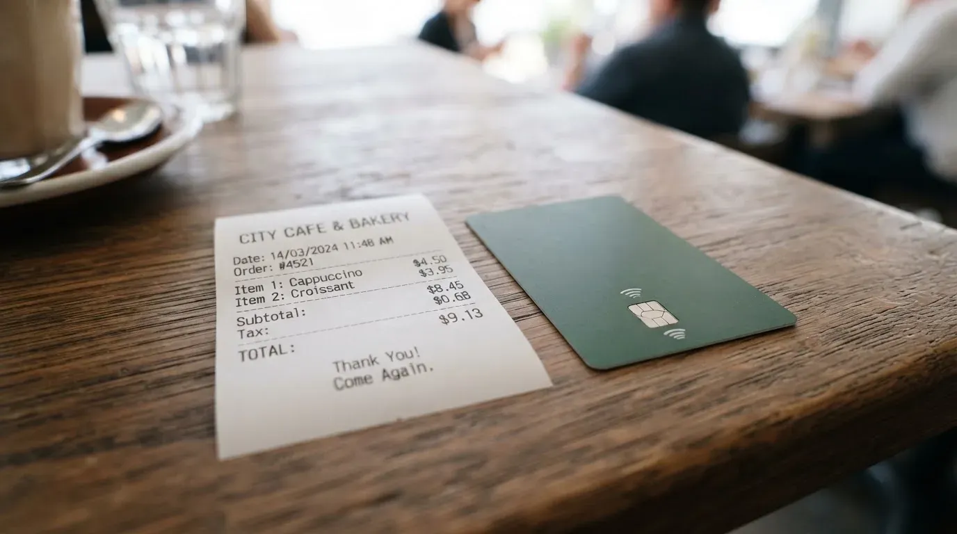 A receipt and a card on a café table