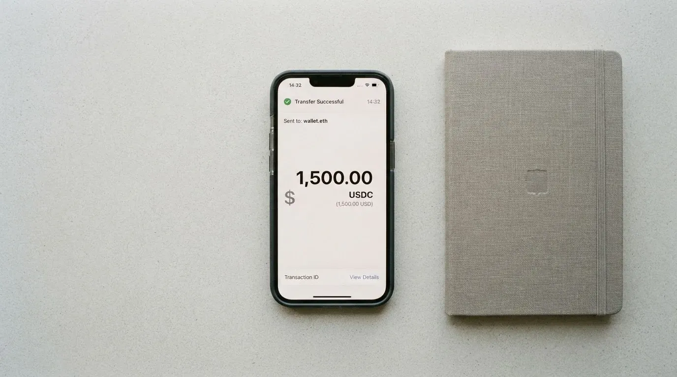 A phone showing a stablecoin transfer screen