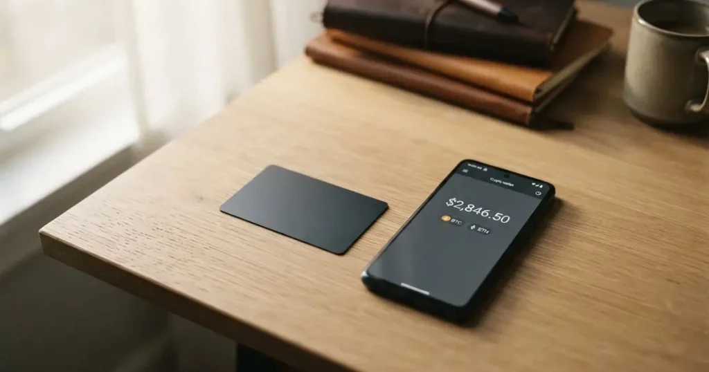 A payment card next to a phone with a crypto wallet app open