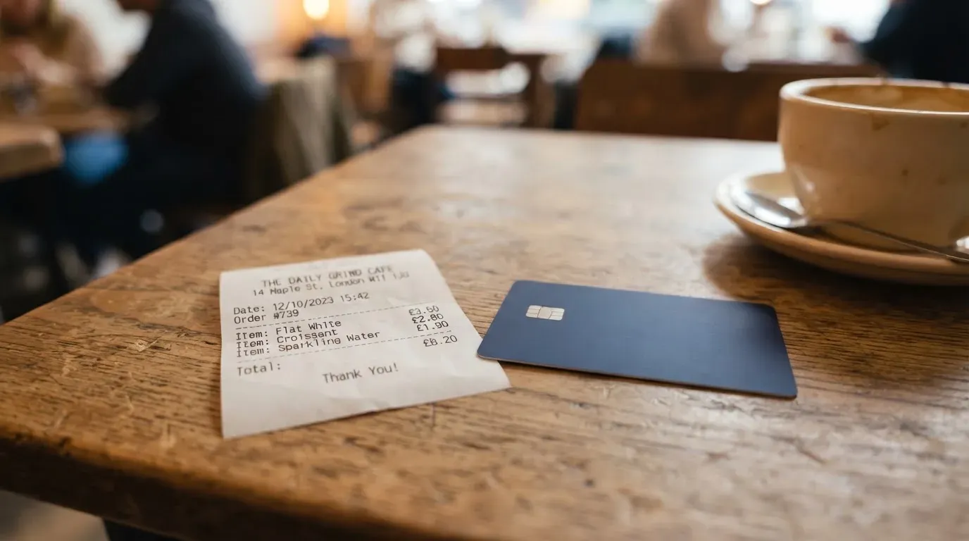 A receipt and a card on a café table