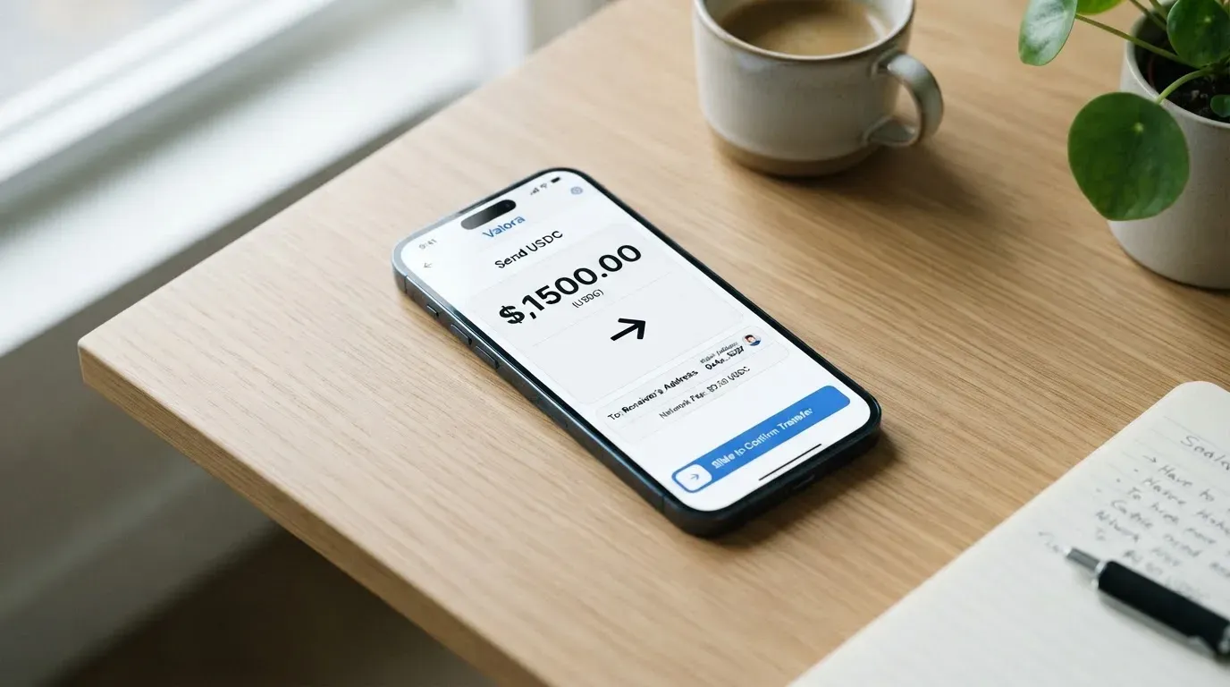 A phone showing a stablecoin transfer screen