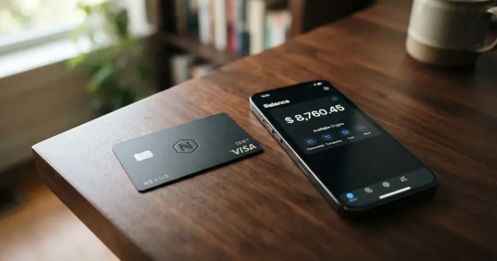 A payment card next to a phone with a crypto wallet app open