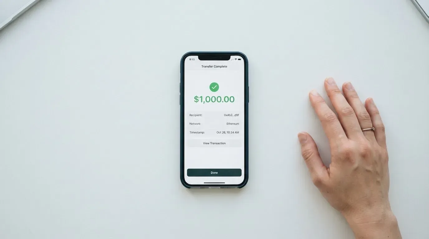 A phone showing a stablecoin transfer screen