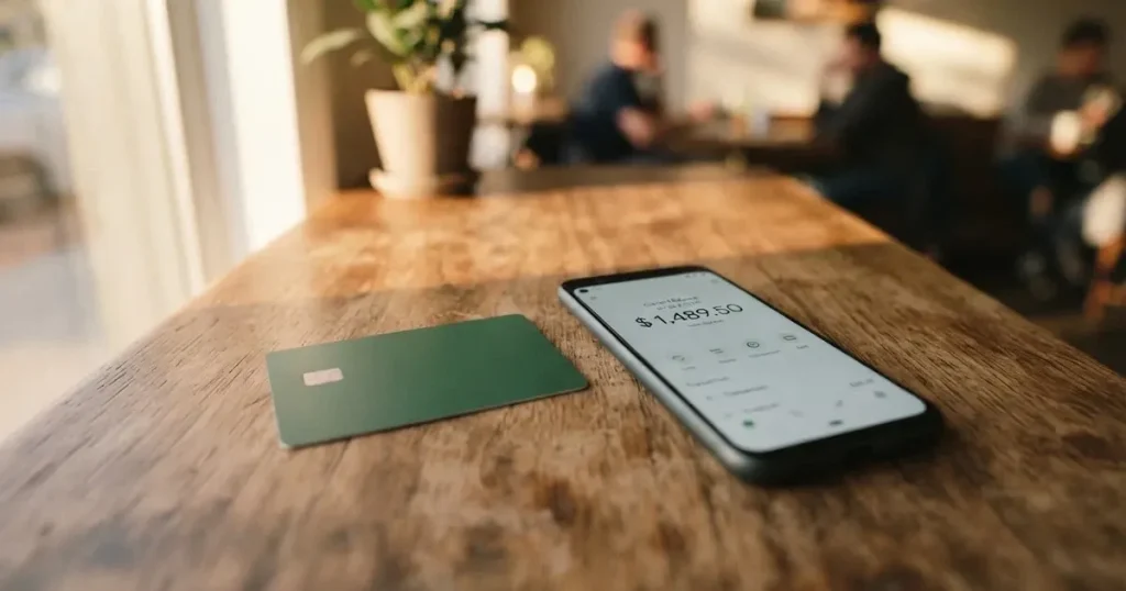 A payment card next to a phone with a crypto wallet app open