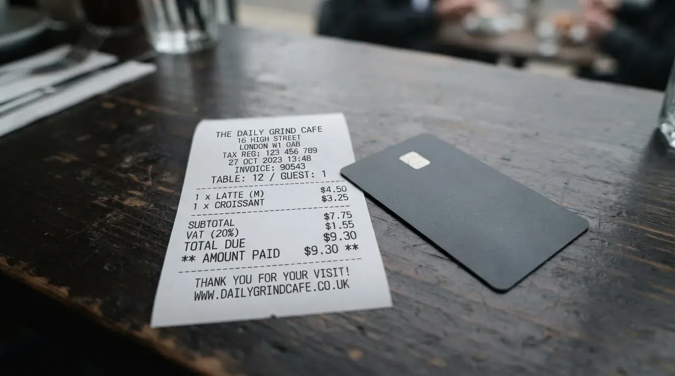 A receipt and a card on a café table