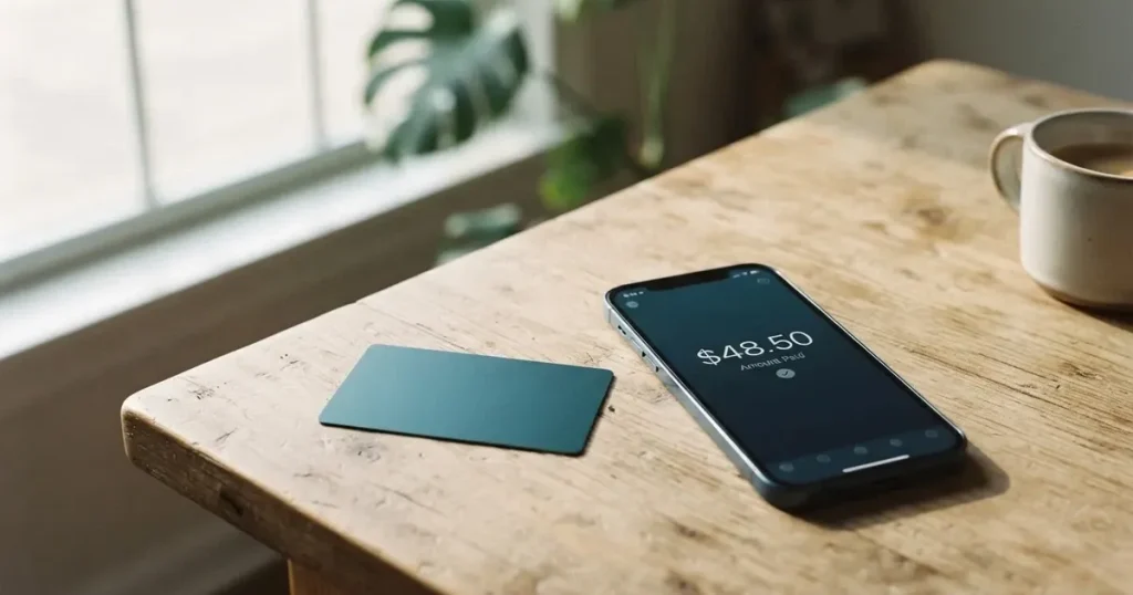 A payment card next to a phone with a crypto wallet app open
