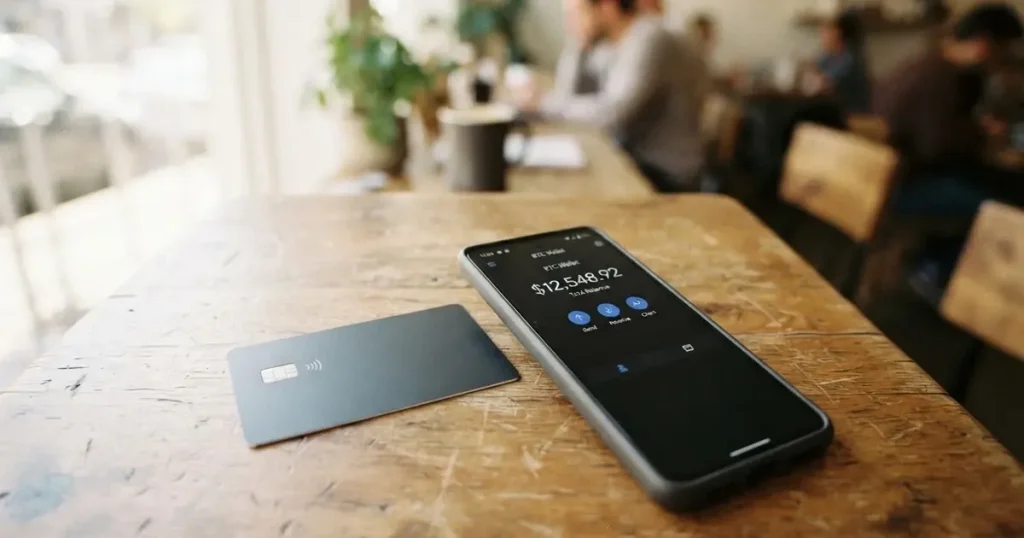 A payment card next to a phone with a crypto wallet app open
