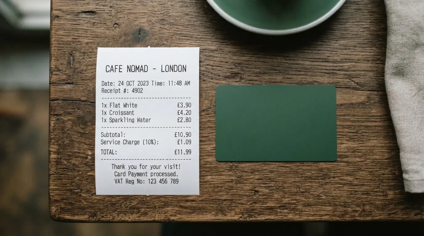 A receipt and a card on a café table