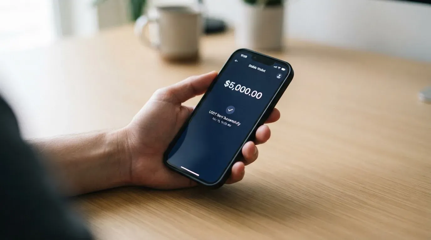 A phone showing a stablecoin transfer screen