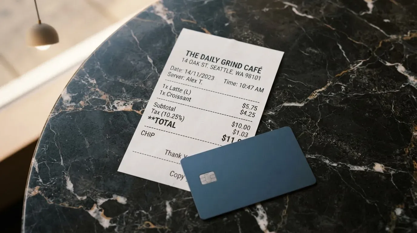 A receipt and a card on a café table