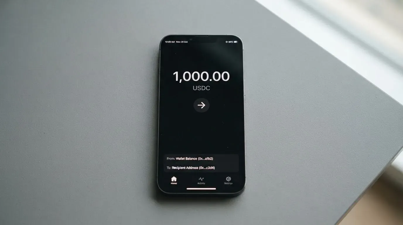 A phone showing a stablecoin transfer screen