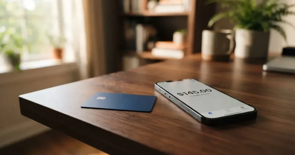 A payment card next to a phone with a crypto wallet app open