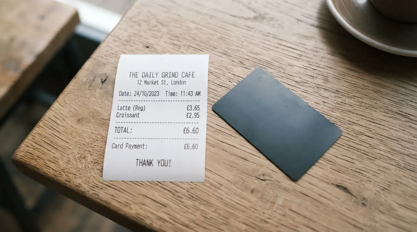 A receipt and a card on a café table
