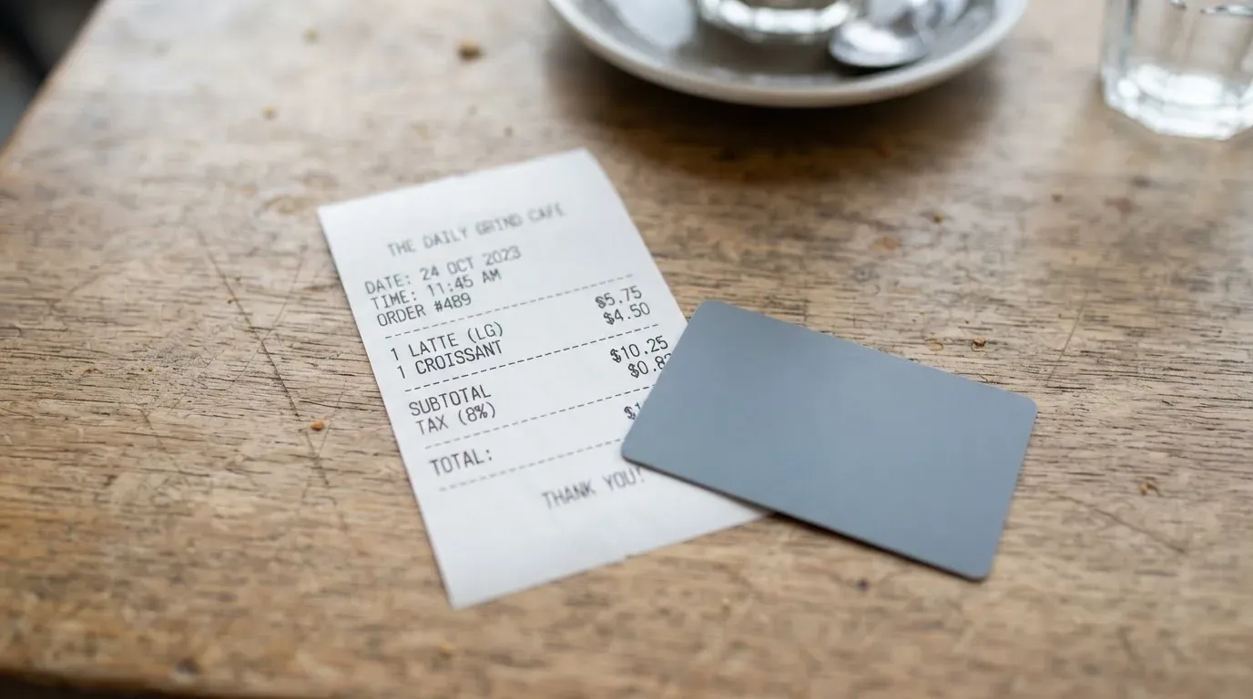 A receipt and a card on a café table