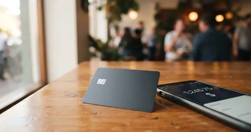 A payment card next to a phone with a crypto wallet app open