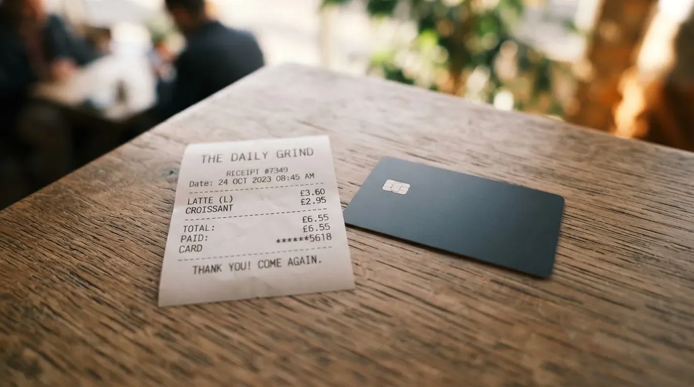 A receipt and a card on a café table